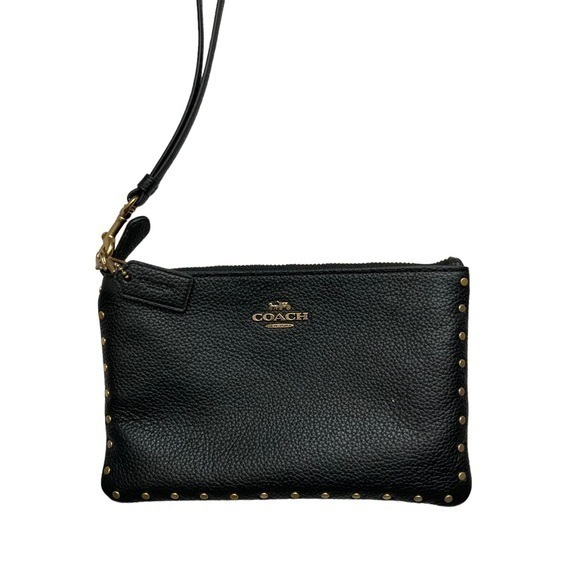 Coach Black Pebbled Leather Wristlet With Rivets